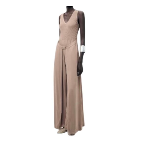 ZARA Pants - ZARA compound wrab jumpsuit wide legs sleeveless cotton beige women’s Sz M NWOT